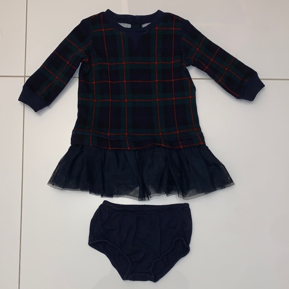 LIKE NEW! Ralph Lauren Navy, Green, and Red Plaid Infant Dress